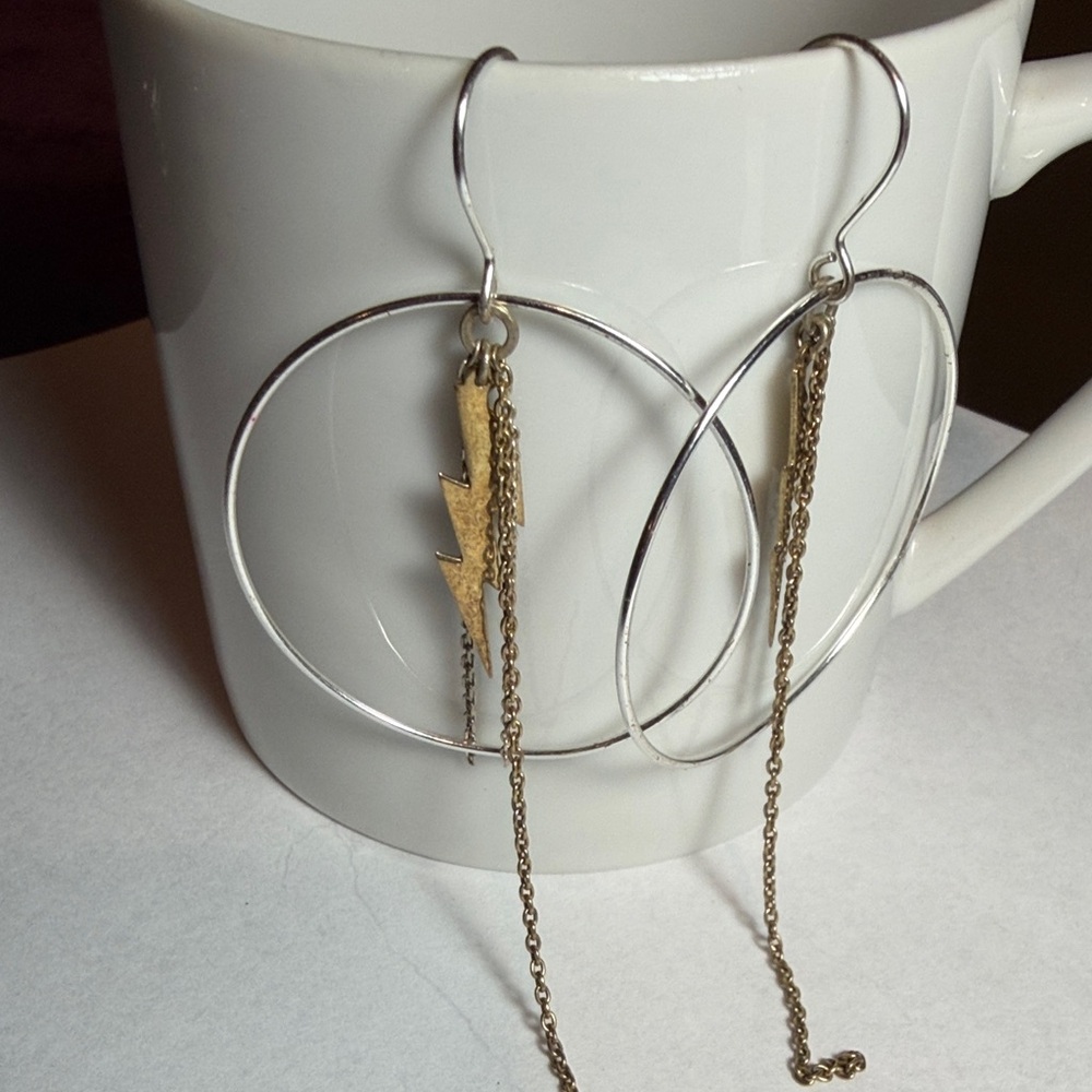 Silver Hoop Earrings with Gold Lightning Accent and Chains Grunge Vintage